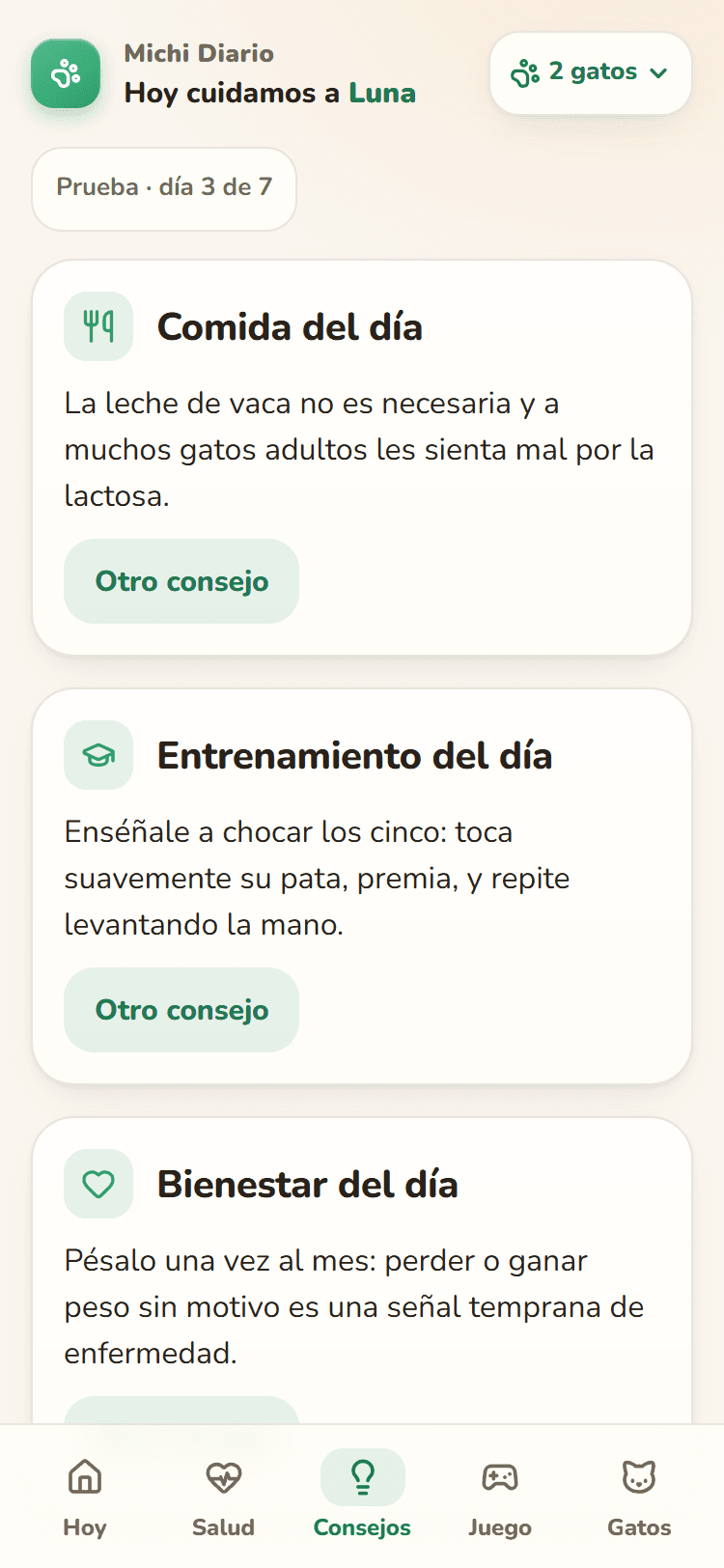 Pantalla Consejos con el consejo de comida y de entrenamiento del día