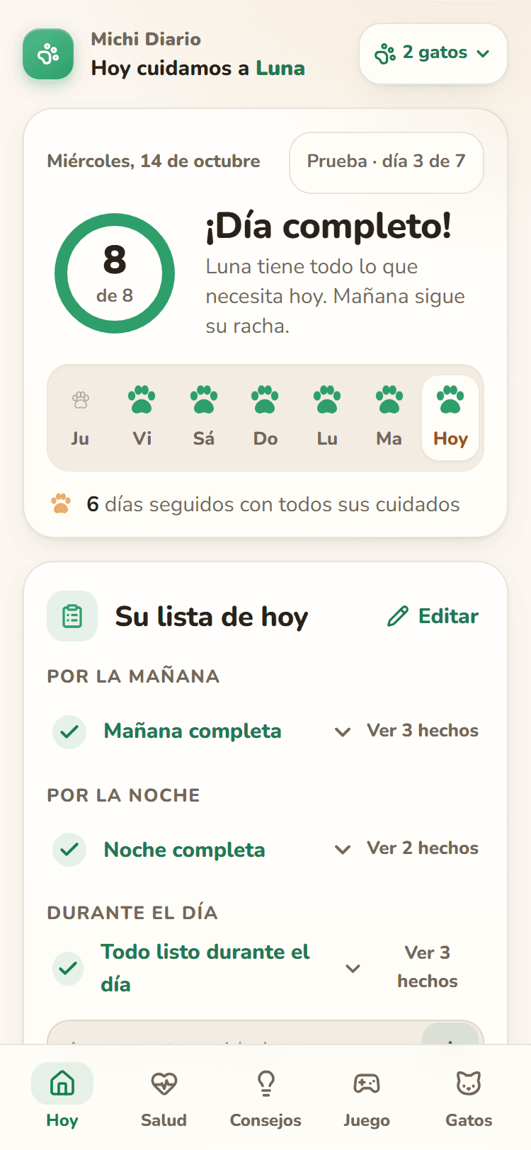 Pantalla Hoy con los 8 cuidados hechos y la huellita de hoy llena